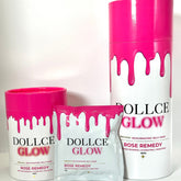 Dolce Glow product packaging with pink and white design on a white background