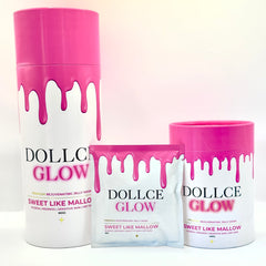 Three Dollice Glow products with pink and white design on a white background