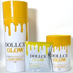 Dollice Glow skincare products with yellow and white packaging on a white background