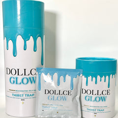 DOLLCIE GLOW product packaging including a large cylindrical container and two smaller pouches on a white background.