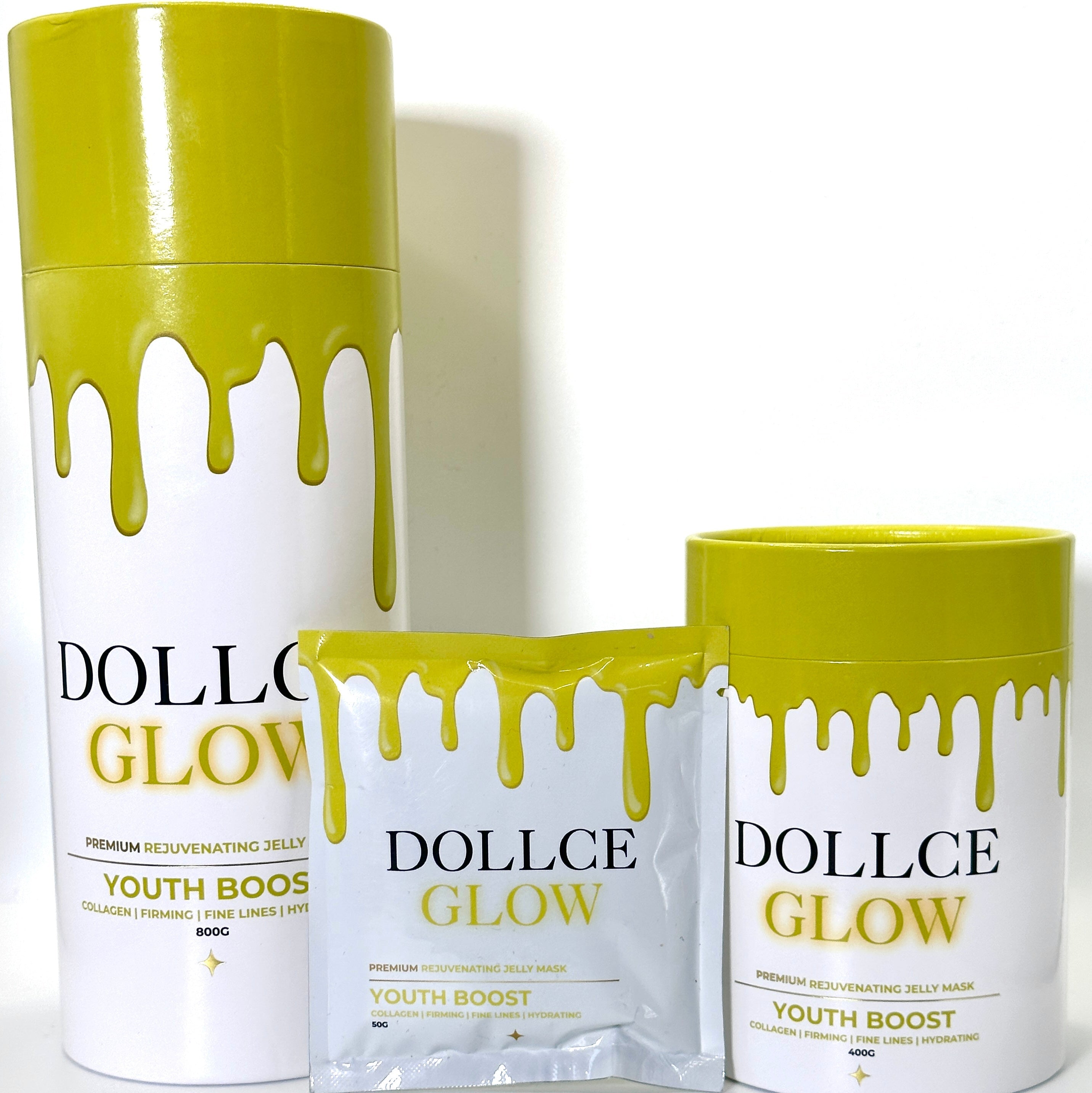 Three Dolcce Glow product containers on a white background