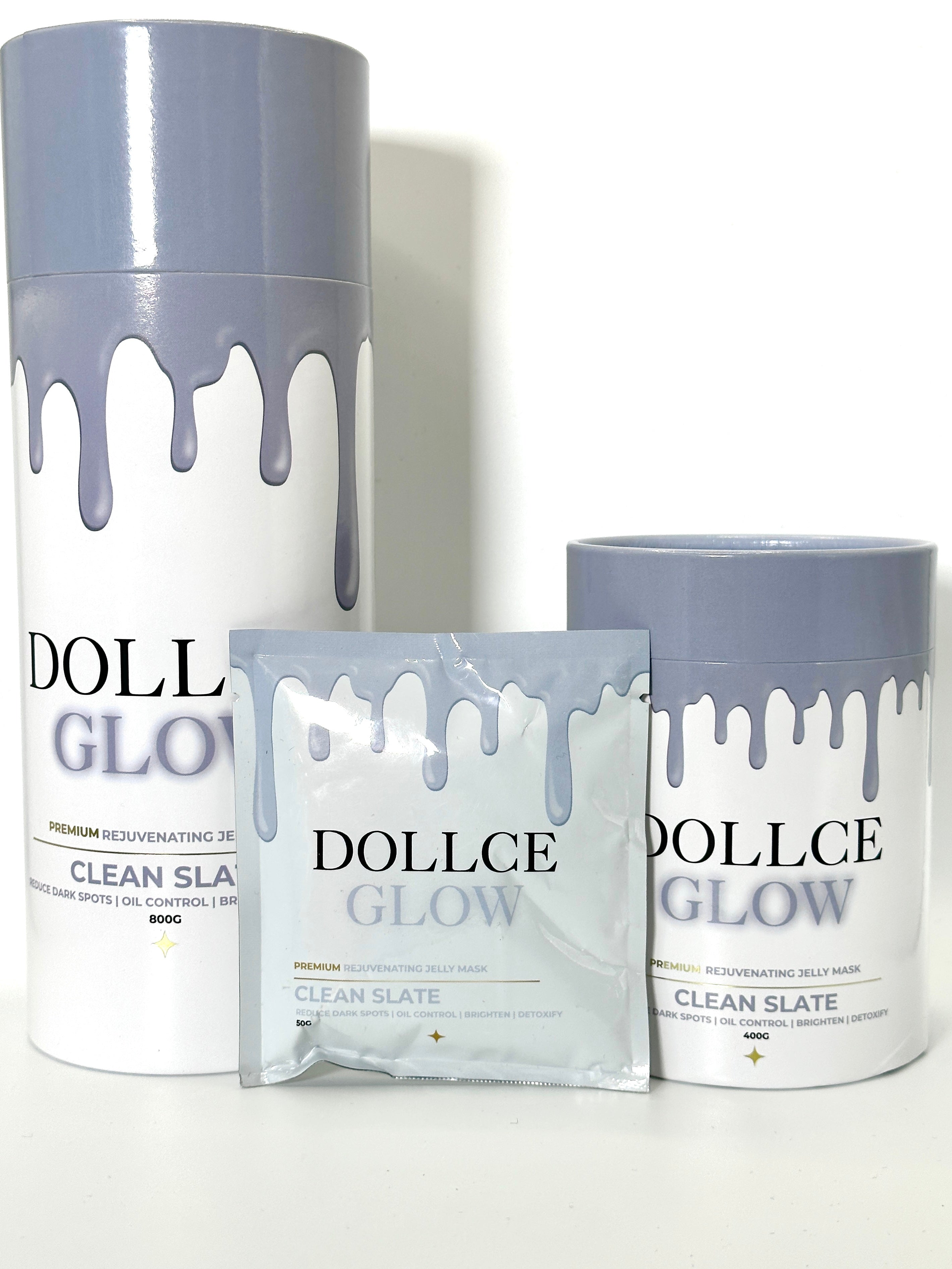 DOLLCIE GLOW skincare products on a white background