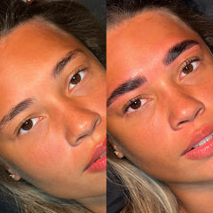 A side-by-side close-up comparison of a woman's face, showing a before-and-after eyebrow makeup result. The left side shows lighter, less defined eyebrows, while the right side shows darker, fuller, and more shaped eyebrows.